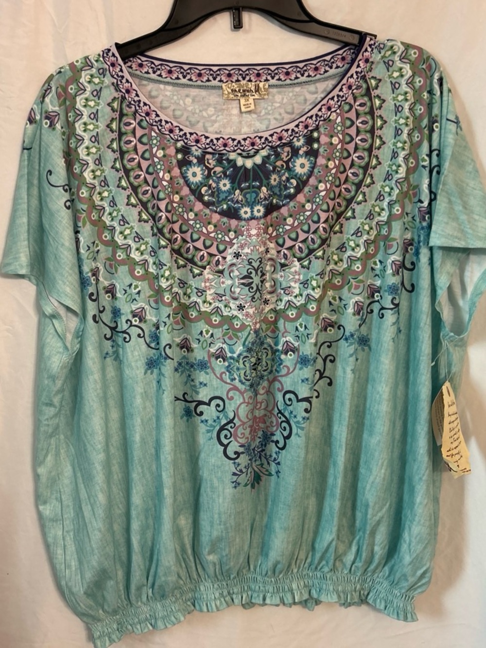 ONE WORLD Aqua Scoop-Neck Embroidered-Style Floral Blouse